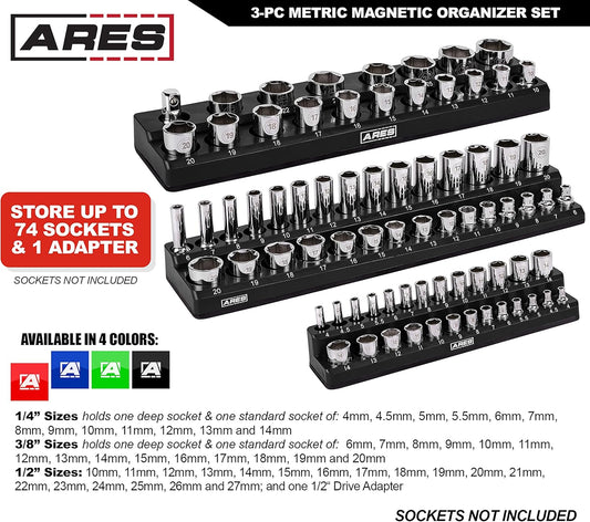 60034-3-Piece Black Metric Magnetic Socket Organizer Set - Includes 1/4-Inch, 3/8-Inch, and 1/2-Inch Socket Holders - Holds Standard Size and Deep Size Sockets - Keeps Your Tool Box Organized
