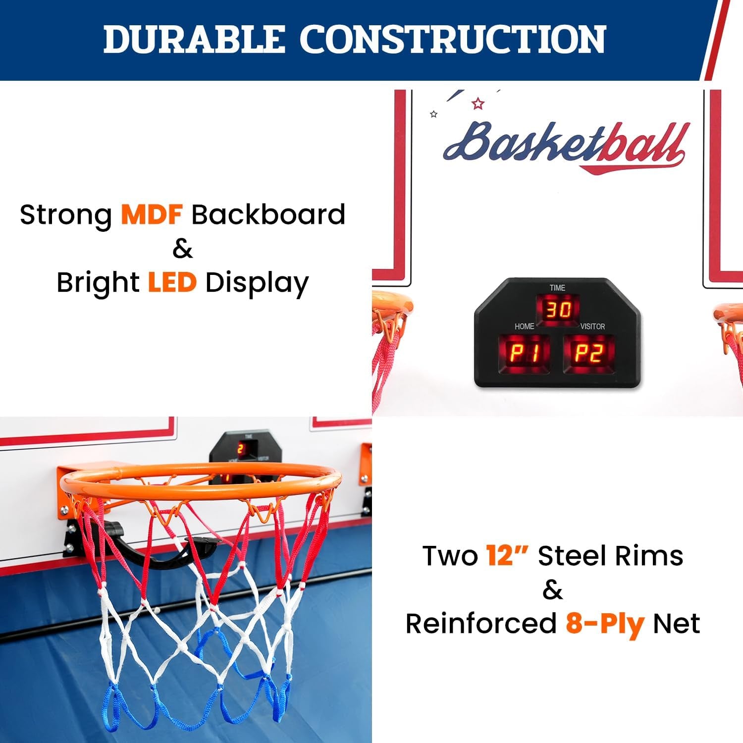 Basketball Arcade Game, Electronic Basketball Shooting Game with 8 Game Modes, Arcade Sounds, Foldable Frame, 4 Balls, Inflation Pump, Ideal Indoor Sport Games for All Players - Dual Shots