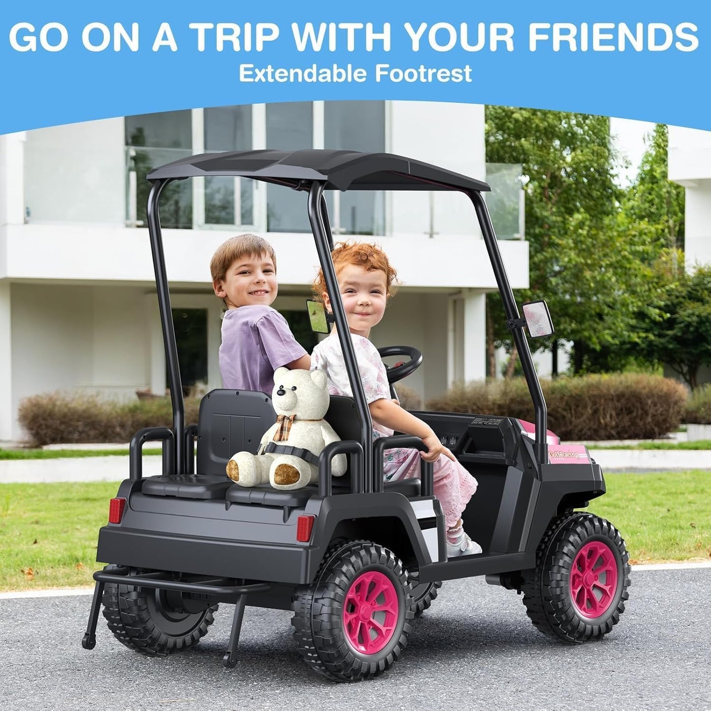 R9 24V Kids Golf Cart, 4 Seats, 4WD Kids Electric Car W/Remote Control, Detachable Awning, Spring Suspension, Multimedia Functions Including Music, Story, Wireless Connection, Horn, Power Display