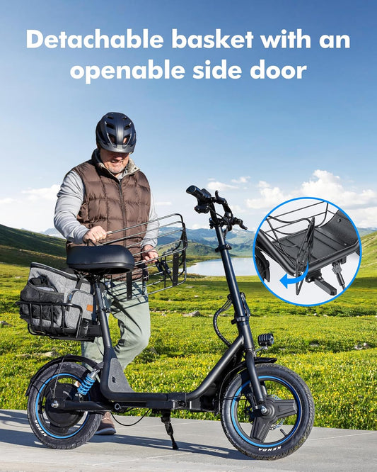 C1 plus Electric Scooter for Adults with Seat & Pet Basket - 30 Miles Range 650W Motor 48V 13.5Ah Battery 18.6MPH 14" Pneumatic Tires Foldable Design Dual Shock Absorbers 300Lbs Capacity