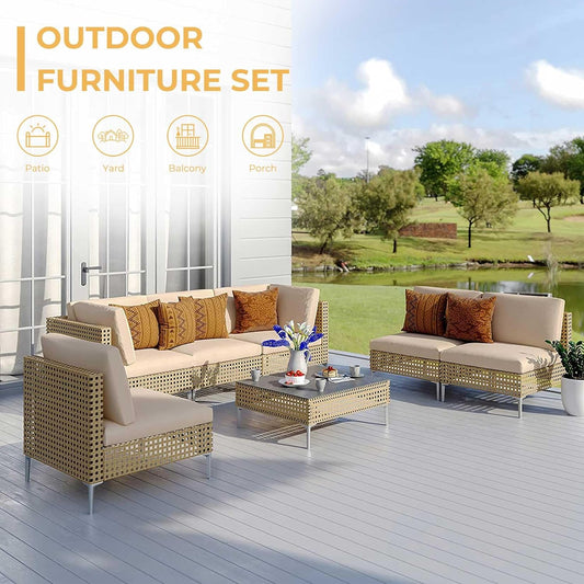 7-Piece Wicker Patio Furniture Set, Boho Outdoor Conversation Set Sectional Sofa with Water Resistant Thick Cushions and Coffee Table, Cream