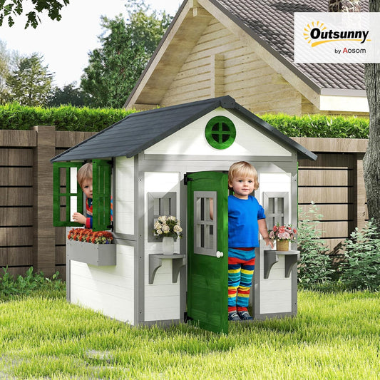 Outdoor Kids Playhouse, Wooden Playhouse with Doors, Windows, Planter Pots and Boxes for Toddlers 3-8 Years, Cottage Play House for Backyard, DIY Chicken Coop, White