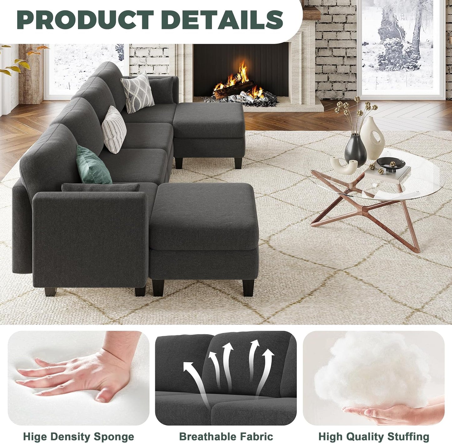 Modular Sectional Sofa 6 Seaters Modular Sleeper Sofa Couch Comfy Sectionals Couches Bed, Convertible Sofas with Ottomans, Sectional Couches for Living Room, Dark Gray
