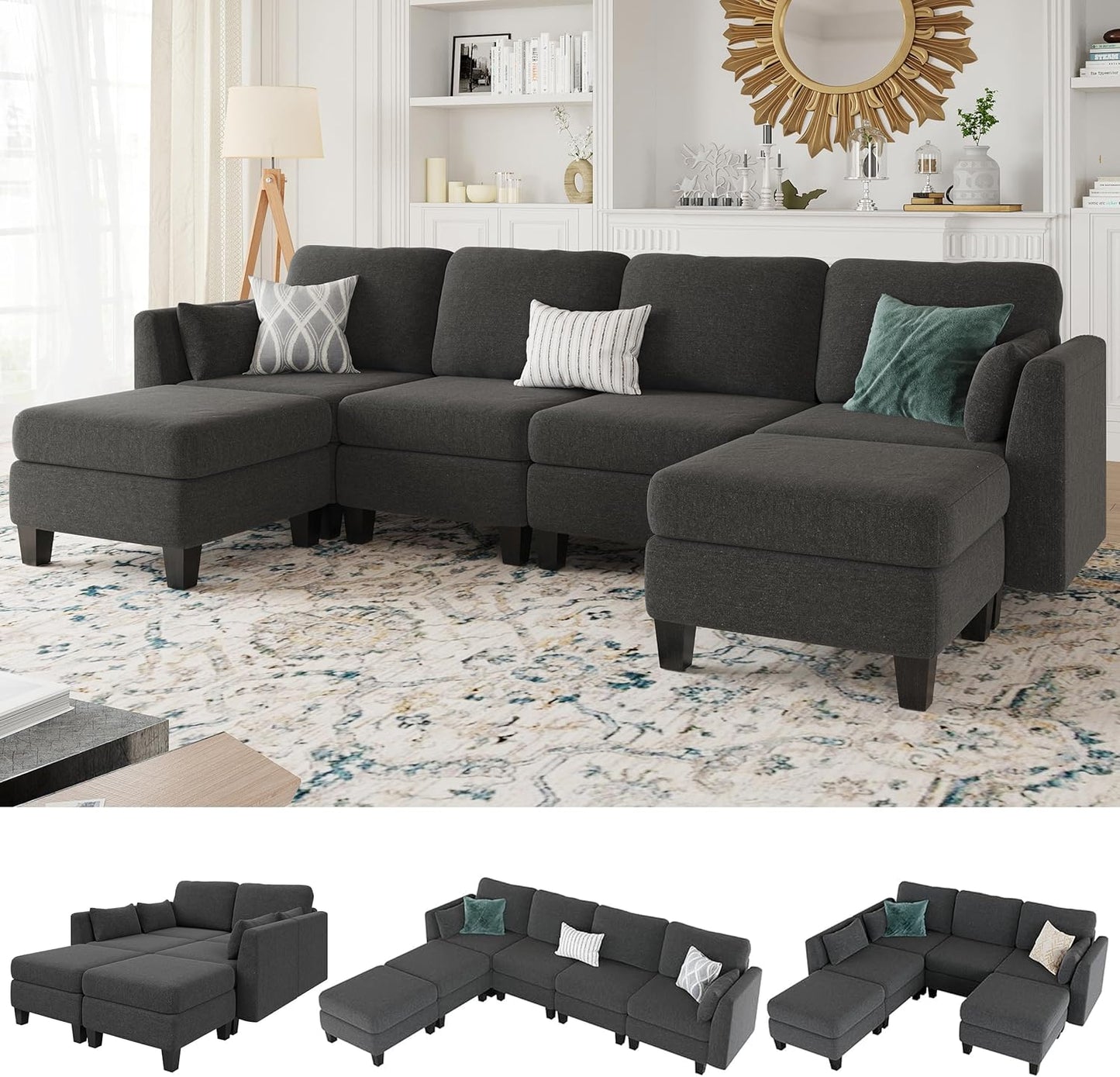 Modular Sectional Sofa 6 Seaters Modular Sleeper Sofa Couch Comfy Sectionals Couches Bed, Convertible Sofas with Ottomans, Sectional Couches for Living Room, Dark Gray