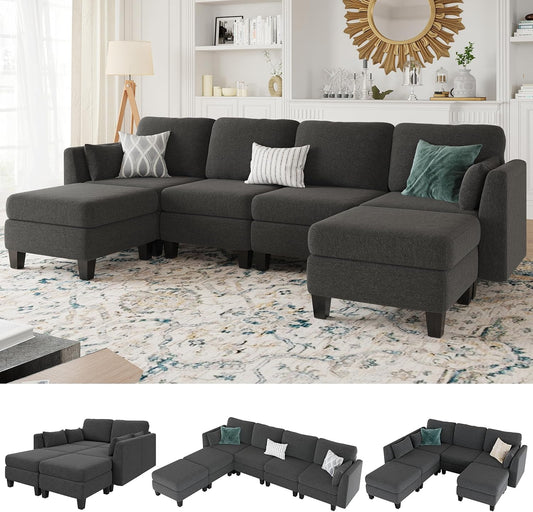 Modular Sectional Sofa 6 Seaters Modular Sleeper Sofa Couch Comfy Sectionals Couches Bed, Convertible Sofas with Ottomans, Sectional Couches for Living Room, Dark Gray