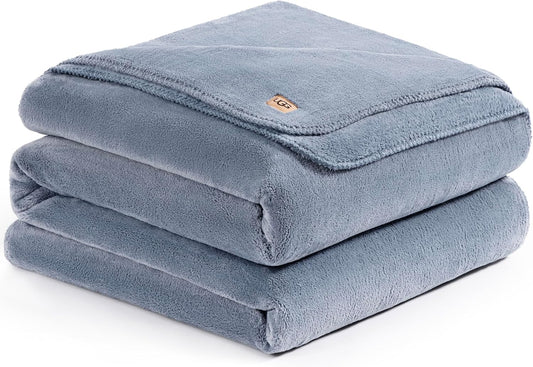 UGG Plush Full/Queen Blanket, Fleece Fluffy Blanket for Bed, Luxury Cozy Oversized Throw for Couch, Washable Hypoallergenic Queen Bedding, 90" x 90", Denim Blue (Whitecap)