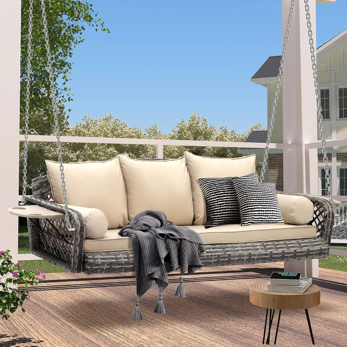 3-Seats Wicker Hanging Porch Swing, Outdoor Patio Swing Chair with Cushions Rattan Bench Swing Lounge with Armrest Cushions, Cupholders, Heavy Duty Chains 800LBS for Garden, Balcony, Living Room