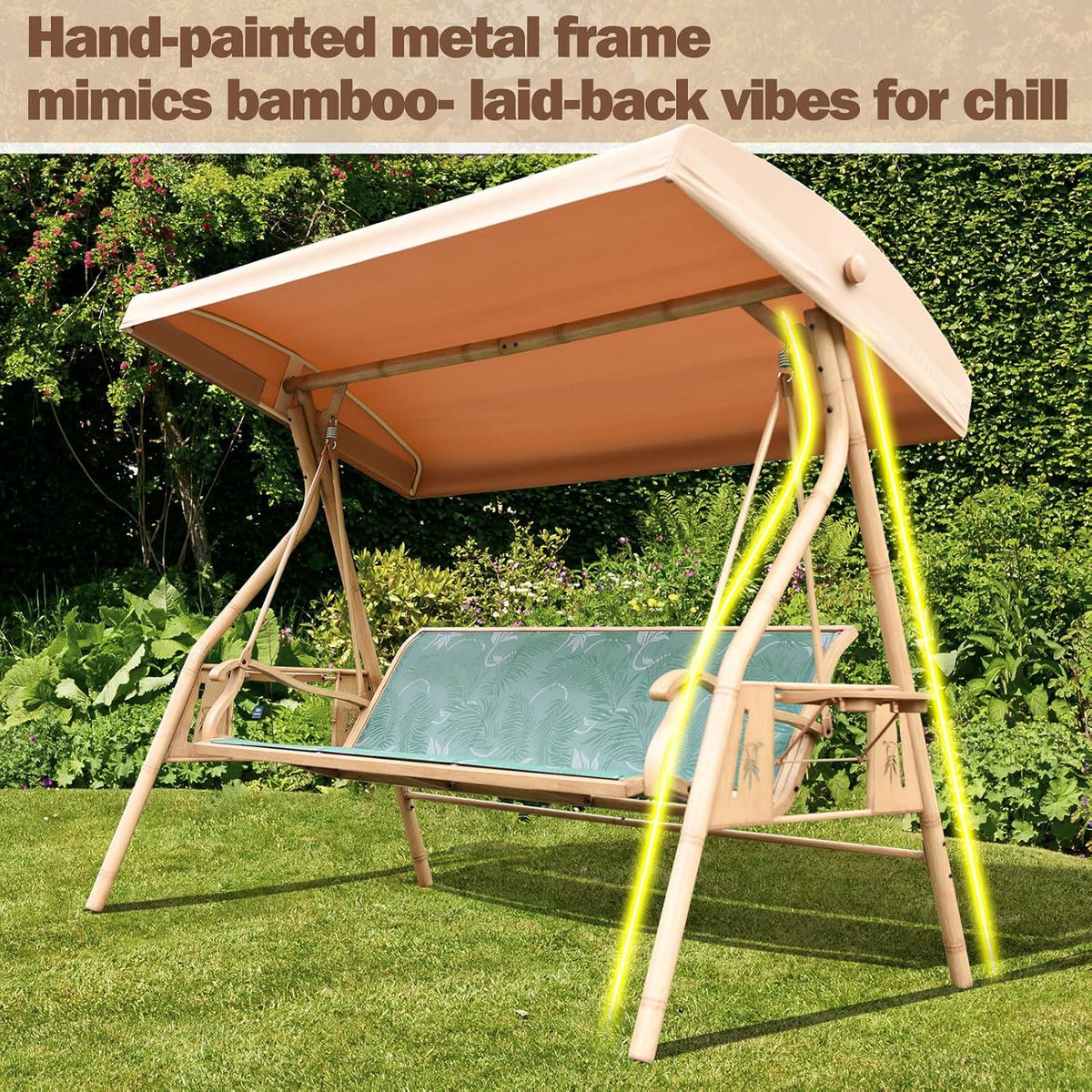 3 Person Patio Swing Outdoor Swing for Adults with Adjustable Canopy &Upgraded Cup Holders Textilene Fabric Porch Swing Chair with Stand Heavy Duty 800 LBS