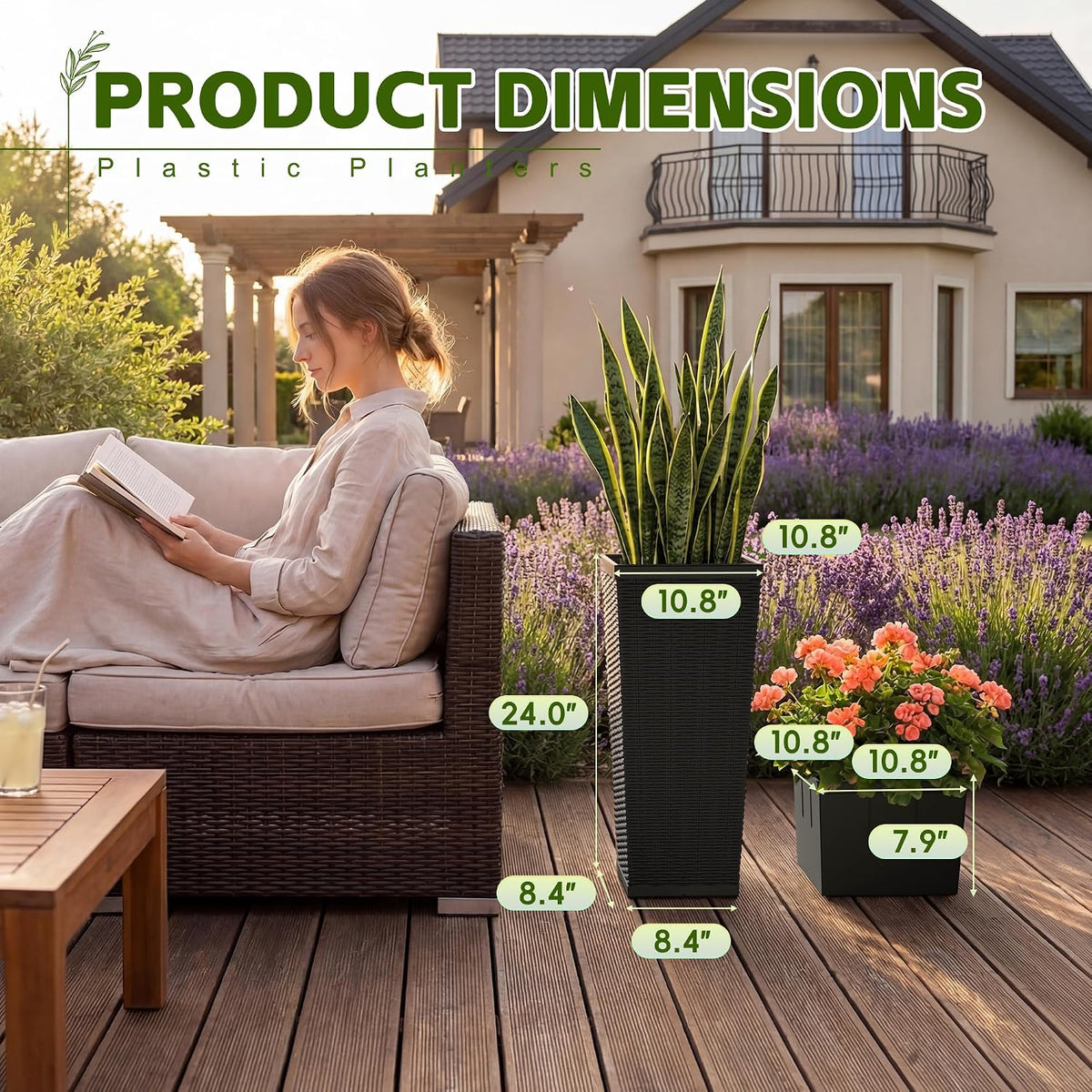Devoko Resin 24'' Tall Planters, Large Taper Outdoor Planter Flower Pots Set of 2 with 8 Drainage Holes for Outdoor Plants, Modern Decor for Porch, Patio, Backyard, Home Garden