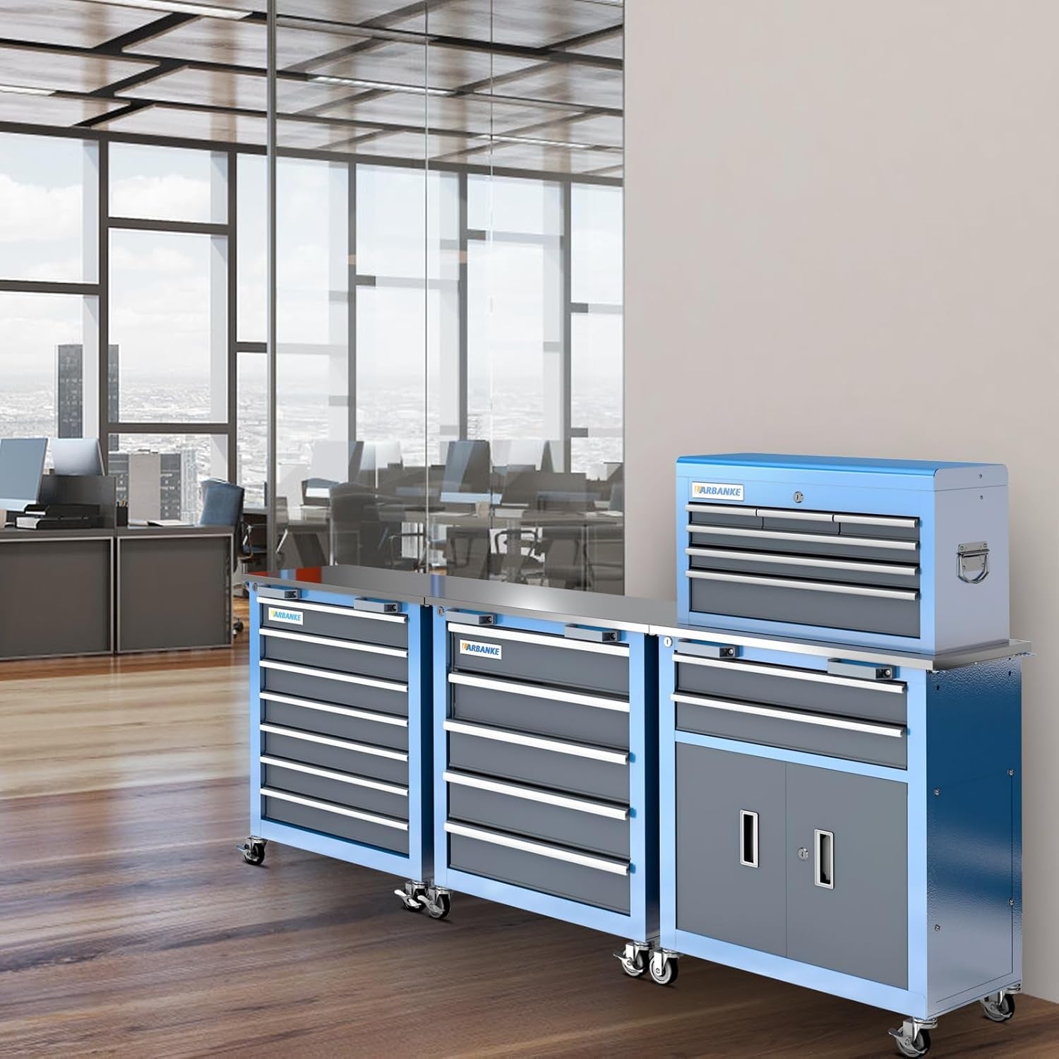 Combination Tool Chest,3 Different Types Tool Cabinets with Stainless Countertop,5-Drawer/7-Drawer/8-Drawer Rolling Tool Chest with Connected Buckle,Tool Cabinet with Wheels and Foot Pad