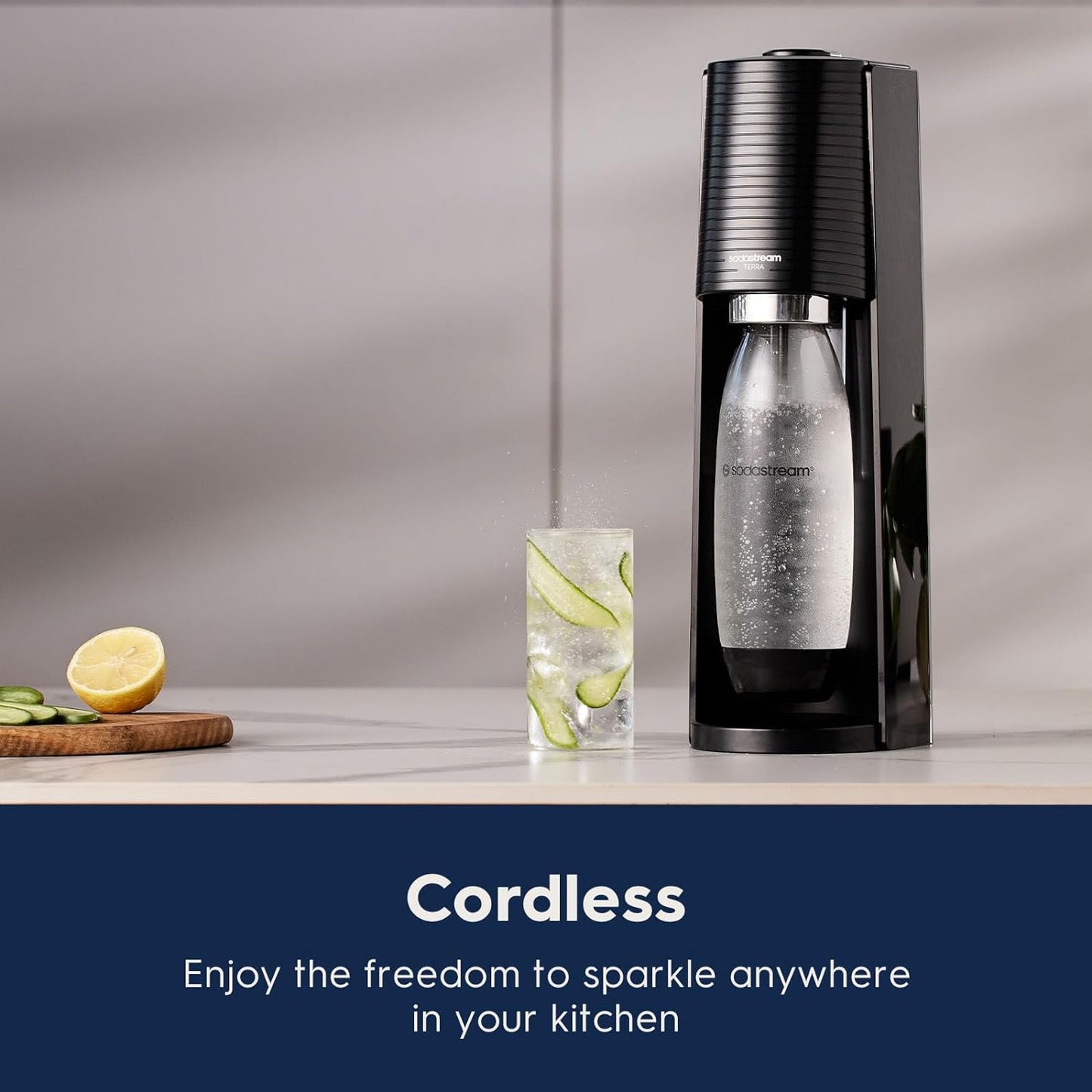 Terra Sparkling Water Maker (Black) with CO2 and Dishwasher Safe Bottle