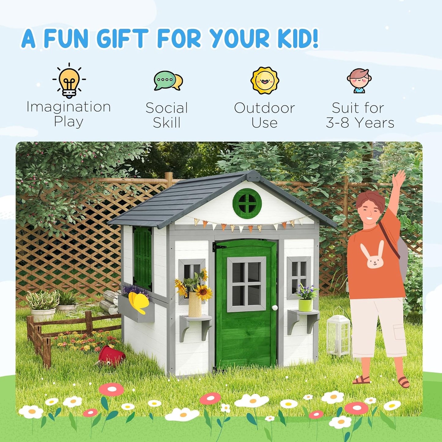 Outdoor Kids Playhouse, Wooden Playhouse with Doors, Windows, Planter Pots and Boxes for Toddlers 3-8 Years, Cottage Play House for Backyard, DIY Chicken Coop, White