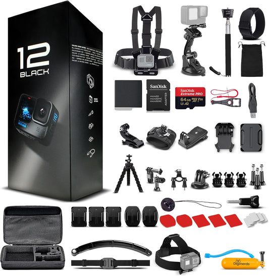 HERO12 (Hero 12) Black - Waterproof Action Camera with 5.3K HDR Video, 27MP Photos, 1/1.9" Image Sensor, Live Streaming, Webcam, Stabilization + 64GB Card & 50 Piece Accessory Kit - Bundle