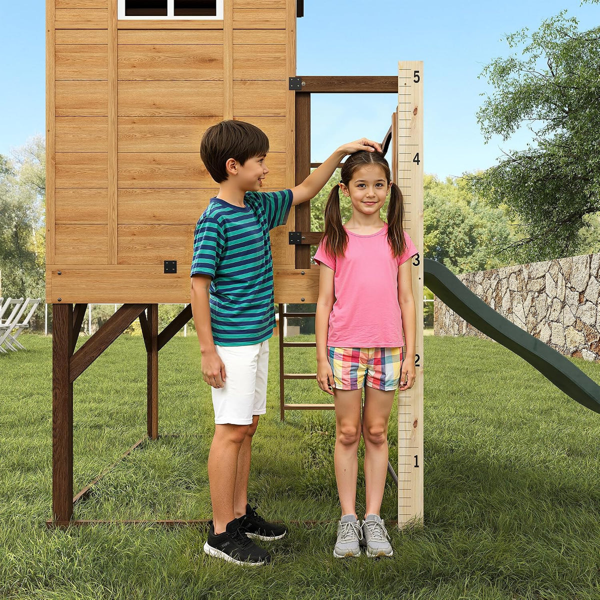 Elevated Outdoor Kids Playhouse, Fir Wood Playset with Wave Slide, Play Kitchen, Wrap-Around Deck, Flat-Step Ladder, Windows, Picnic Table, and Growth Chart for Ages 3-8, Natural Tone