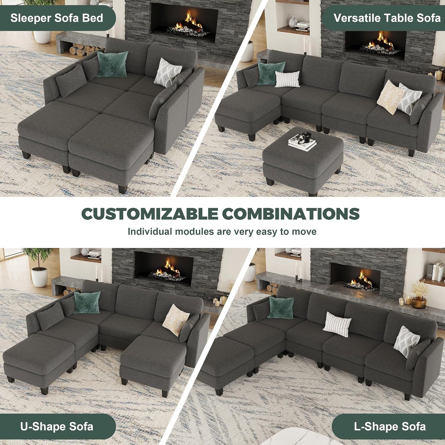 Modular Sectional Sofa 6 Seaters Modular Sleeper Sofa Couch Comfy Sectionals Couches Bed, Convertible Sofas with Ottomans, Sectional Couches for Living Room, Dark Gray