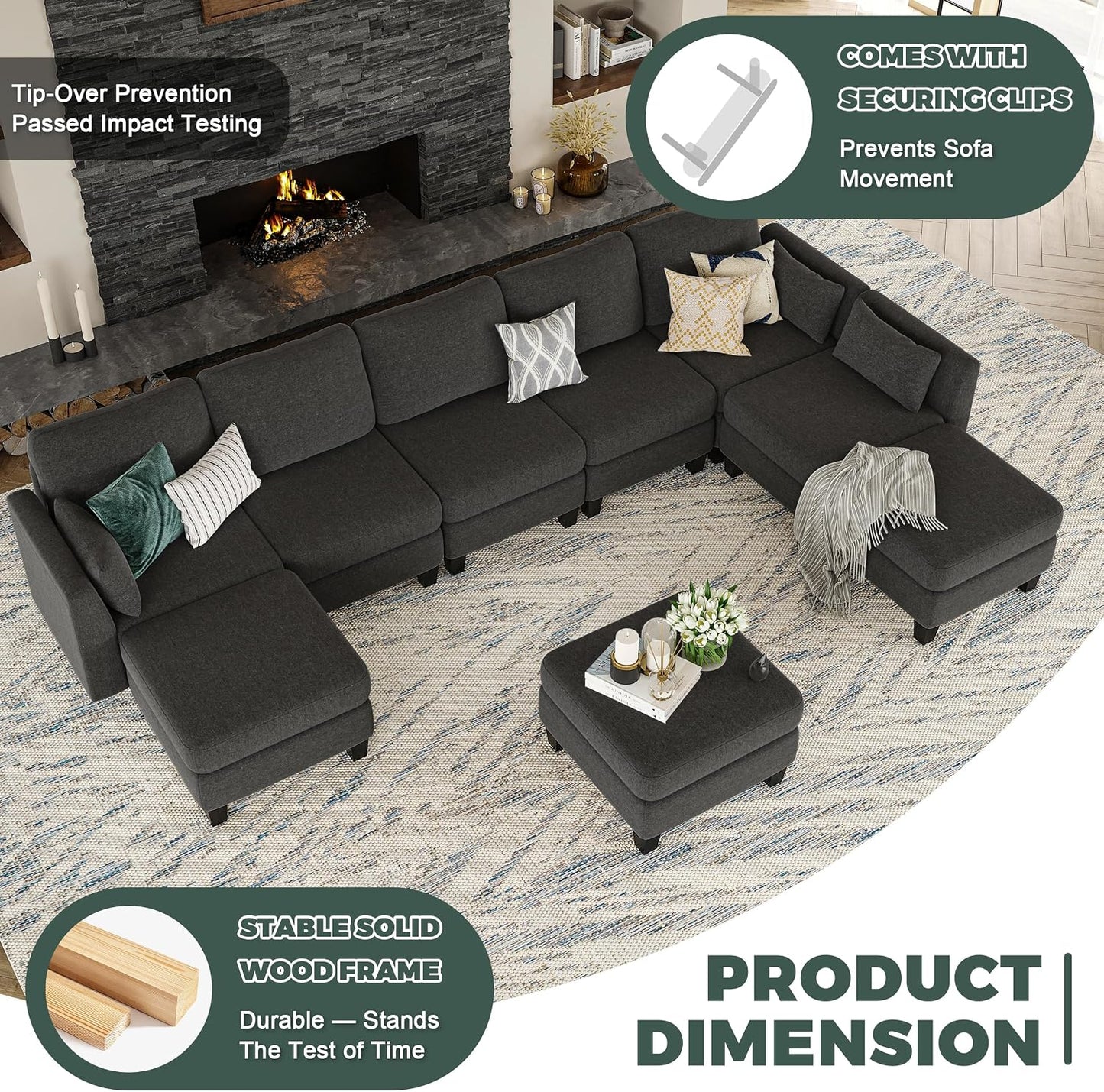 Modular Sectional Sofa 6 Seaters Modular Sleeper Sofa Couch Comfy Sectionals Couches Bed, Convertible Sofas with Ottomans, Sectional Couches for Living Room, Dark Gray