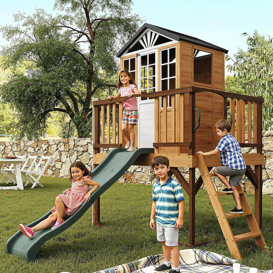 Elevated Outdoor Kids Playhouse, Fir Wood Playset with Wave Slide, Play Kitchen, Wrap-Around Deck, Flat-Step Ladder, Windows, Picnic Table, and Growth Chart for Ages 3-8, Natural Tone