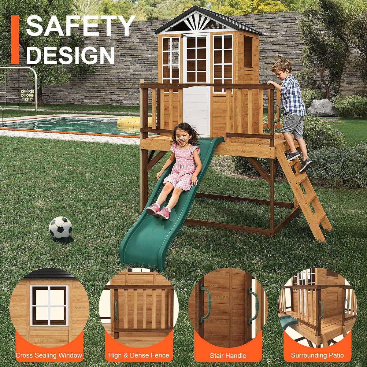 Elevated Outdoor Kids Playhouse, Fir Wood Playset with Wave Slide, Play Kitchen, Wrap-Around Deck, Flat-Step Ladder, Windows, Picnic Table, and Growth Chart for Ages 3-8, Natural Tone
