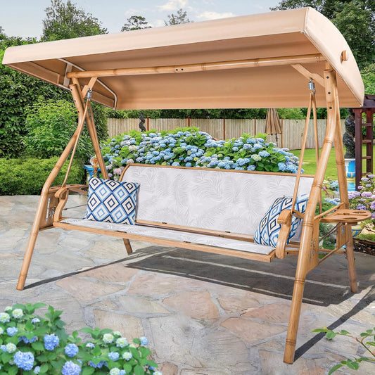 3 Person Patio Swing Outdoor Swing for Adults with Adjustable Canopy &Upgraded Cup Holders Textilene Fabric Porch Swing Chair with Stand Heavy Duty 800 LBS