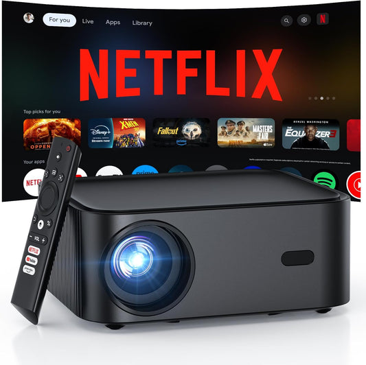 Official Licensed Netflix Smart Projector,  Projector 4K with Wifi and Bluetooth, Doiby Audio, Built-In Apps, Native 1080P 1000ANSI, Electric Focus, Portable Projector for Home Cinema, Bedroom