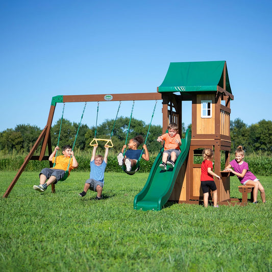 Lakewood Cedar Wood Swing Set with Wave Slide, Clubhouse, Playhouse, Snack Bar Window, Picnic Area, Belt Swings, Trapeze, Full Front Door, Windows, Step Ladder, Outdoor Playset