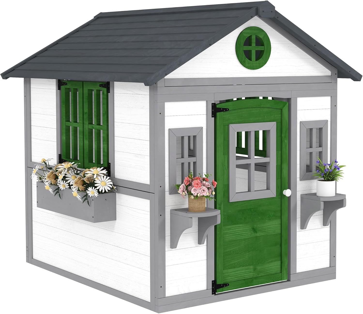 Outdoor Kids Playhouse, Wooden Playhouse with Doors, Windows, Planter Pots and Boxes for Toddlers 3-8 Years, Cottage Play House for Backyard, DIY Chicken Coop, White