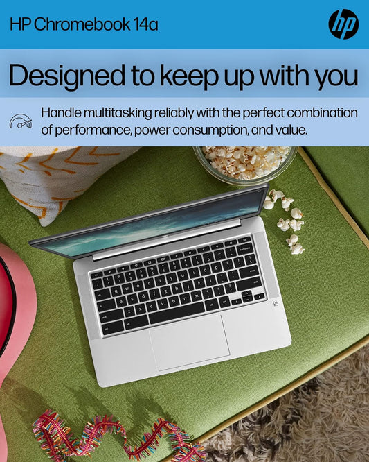 Chromebook 14 Laptop, Intel Celeron N4120, 4 GB RAM, 64 GB Emmc, 14" HD Display, Chrome OS, Thin Design, 4K Graphics, Long Battery Life, Ash Gray Keyboard (14A-Na0226Nr, 2022, Mineral Silver)