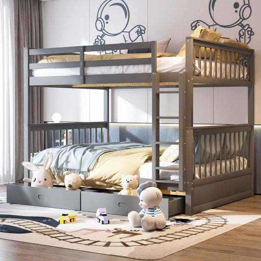 Wood Bunk Bed with Drawers,Convertible Wood Bunk Bed with Ladders and Two Storage Drawers,Solid Wood Detachable Bunk Bed Frame with Ladders,Full over Full,Grey