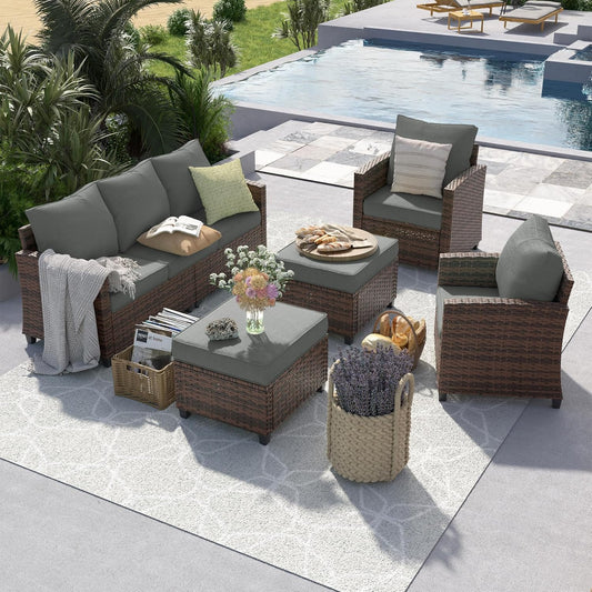 Patio Conversation Set, 5 Pieces Outdoor Furniture Set, All-Weather Wicker Rattan High Back Outdoor Sectional Sofa Set with Ottoman for Poolside, Backyard, Brown Wicker Dark Grey Cushions