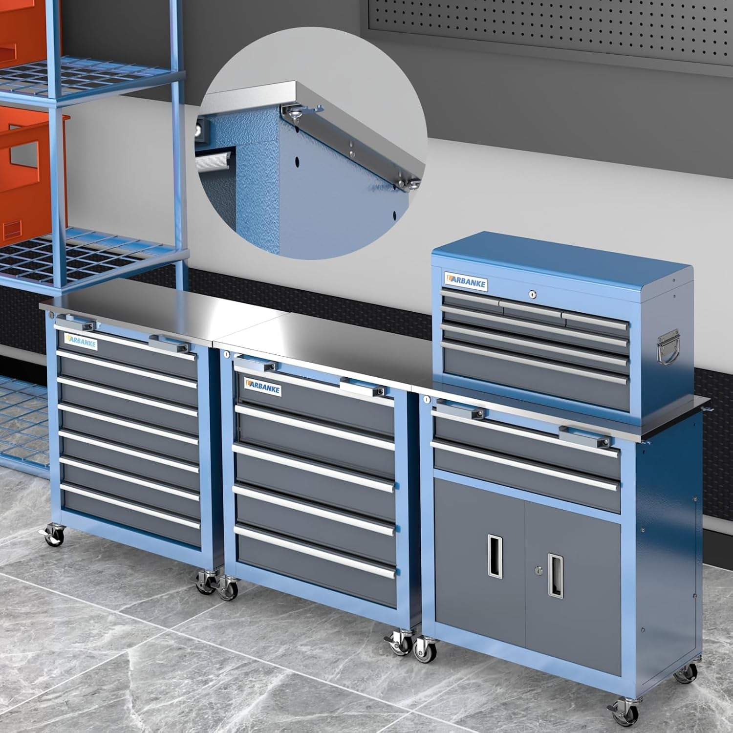Combination Tool Chest,3 Different Types Tool Cabinets with Stainless Countertop,5-Drawer/7-Drawer/8-Drawer Rolling Tool Chest with Connected Buckle,Tool Cabinet with Wheels and Foot Pad