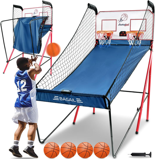 Basketball Arcade Game, Electronic Basketball Shooting Game with 8 Game Modes, Arcade Sounds, Foldable Frame, 4 Balls, Inflation Pump, Ideal Indoor Sport Games for All Players - Dual Shots