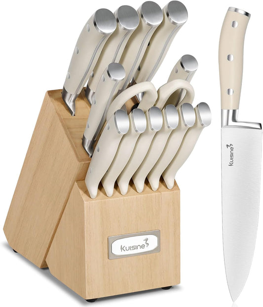 Chef Knife Set,High Carbon Stainless Steel Sharp Knife Set Ergonomic Handle,Kitchen Knife Block Set with Built-In Sharpener(Ivory Pro,15Pcs)