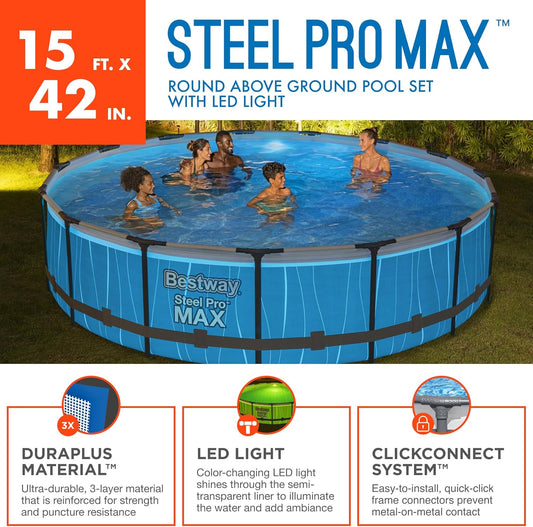 Steel Pro MAX above Ground Swimming Pool (15' X 42") | round Outdoor Backyard Family Pool with Color-Changing Pool Liner | Features 7-Color LED Lights