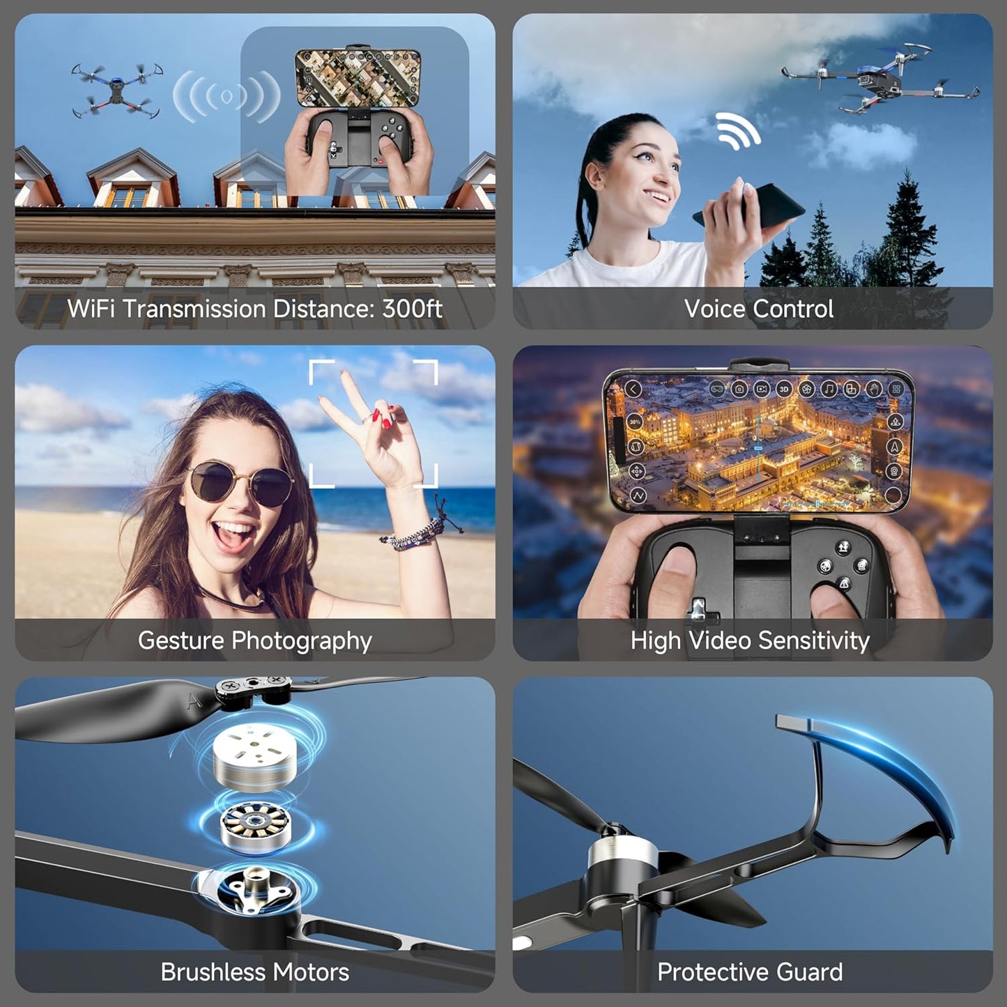 Drones with Camera for Adults 4K Brushless Motor Drone for Kids Beginners, FPV Foldable RC Quadcopter with Propeller Guards, 2 Batteries, 1500Mah, 130° Lens, Wifi, Voice Control, Gesture Photography, Gift Toys for Men Boys
