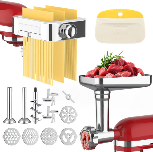 Meat Grinder & Pasta Maker Attachment for ALL Kitchenaid Stand Mixers,Kitchen Aid Mixer Accessories Includes Metal Meat Grinder with Sausage Stuffer Tubesand and Pasta Maker Attachment 3 in 1 Set