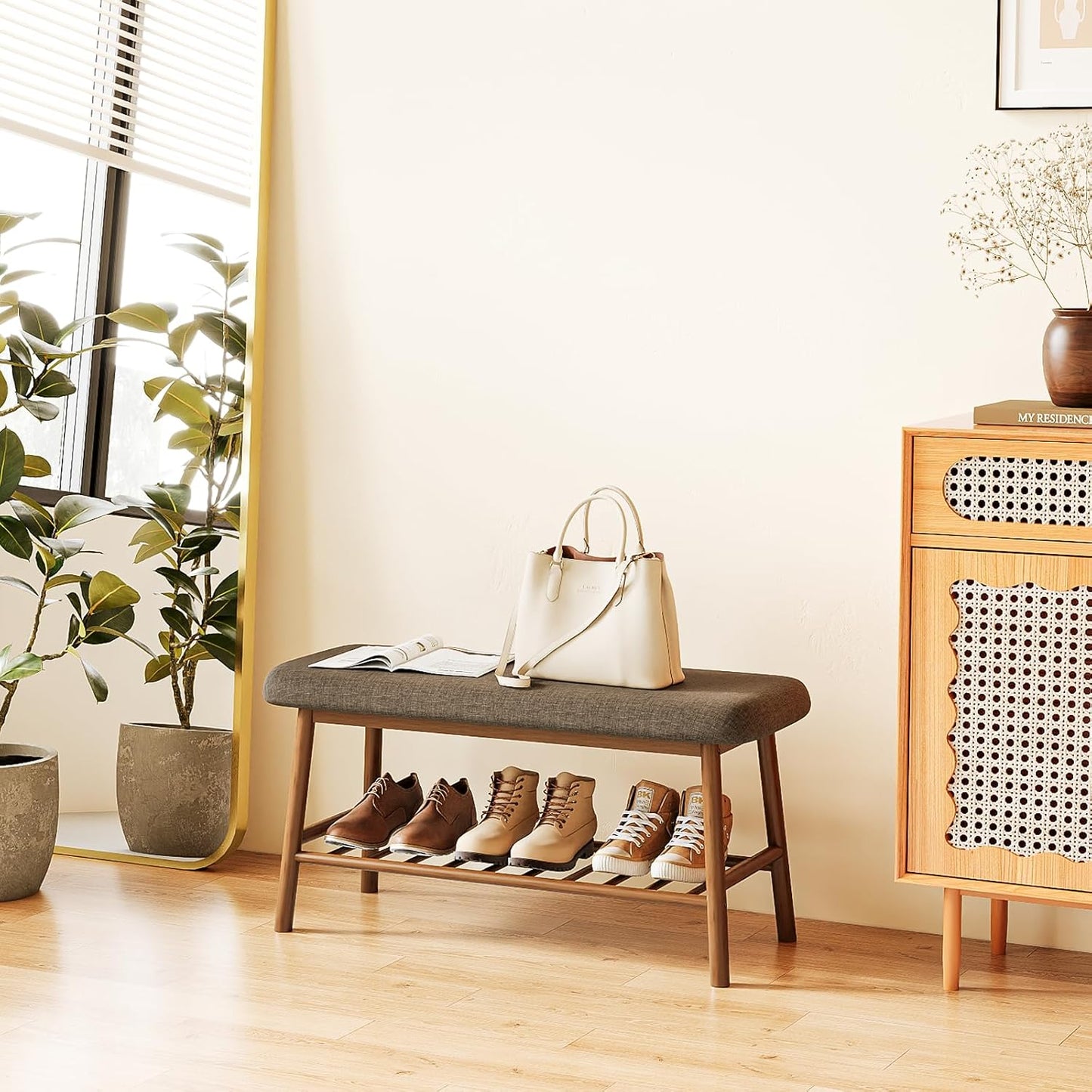 Shoe Rack Bench for Entryway 2-Tier Bamboo Bench Storage with Cushion Storage Benches for Bedroom Living Room Indoor(Brown)