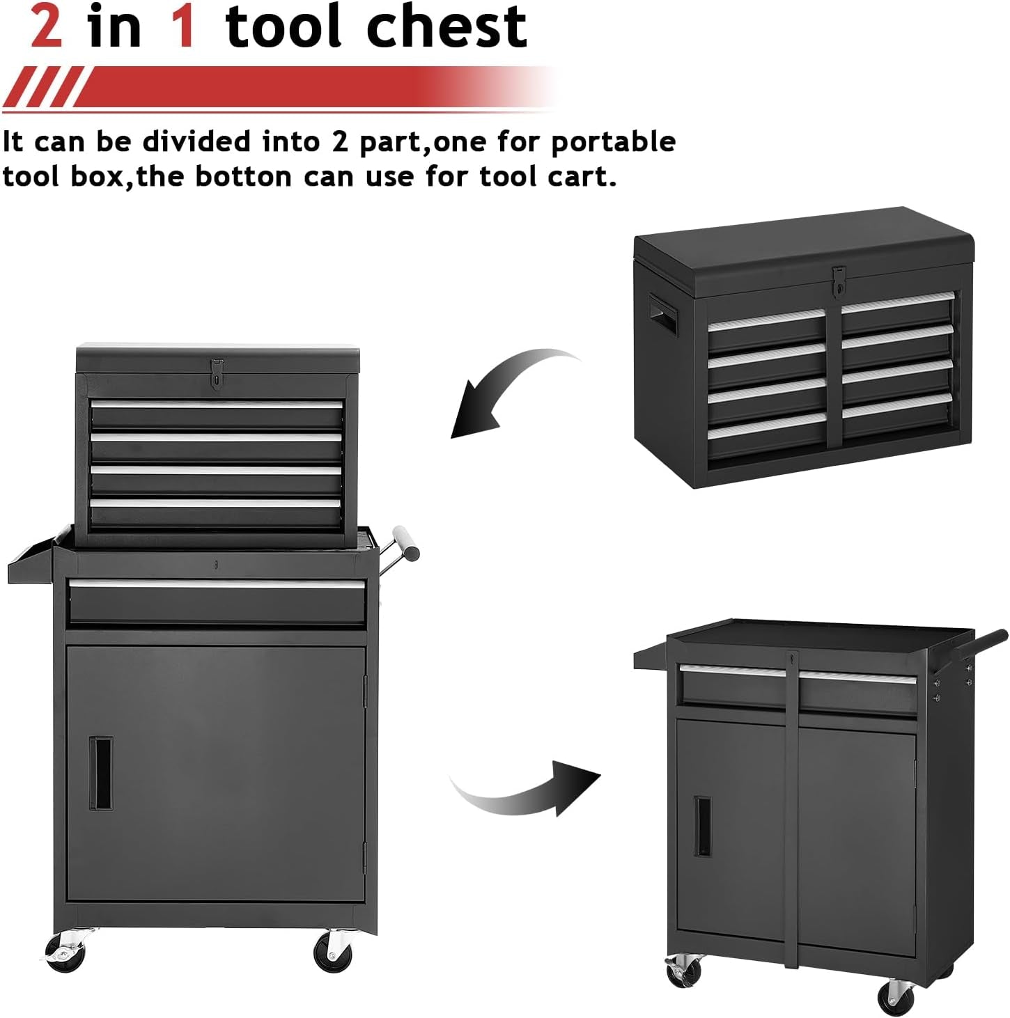 Tool Chest,5-Drawer Rolling Tool Storage Cabinet with Enhanced Packaging, Detachable Top Tool Box, Metal Tool Cart for Garage Workshop,Black, ATC001BK