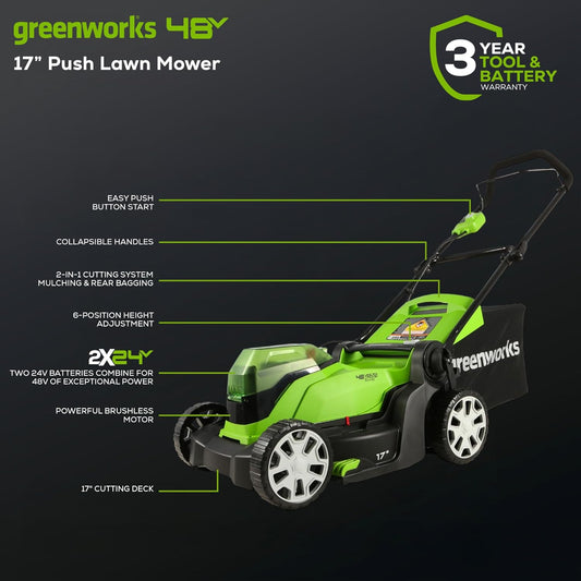 48V (2 X 24V) 17" Cordless (Push) Lawn Mower (125+ Compatible Tools), (2) 4.0Ah Batteries and Dual Port Rapid Charger Included