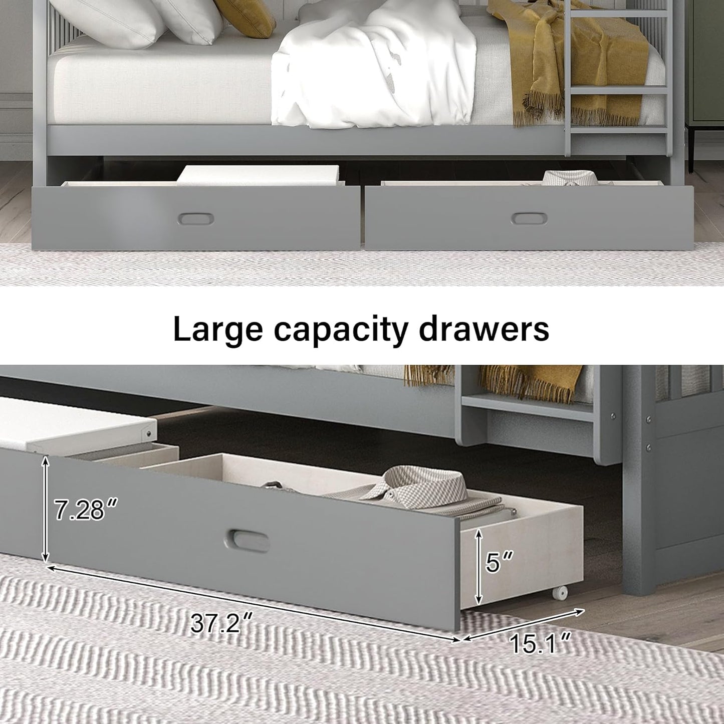 Wood Bunk Bed with Drawers,Convertible Wood Bunk Bed with Ladders and Two Storage Drawers,Solid Wood Detachable Bunk Bed Frame with Ladders,Full over Full,Grey