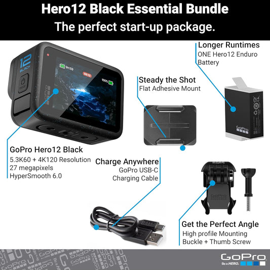 Hero12 Black E-Commerce Package - Waterproof Action Camera with 5.3K60 Ultra HD Video, 27MP Photos, HDR, 1/1.9" Image Sensor, Live Streaming, Webcam, Stabilization