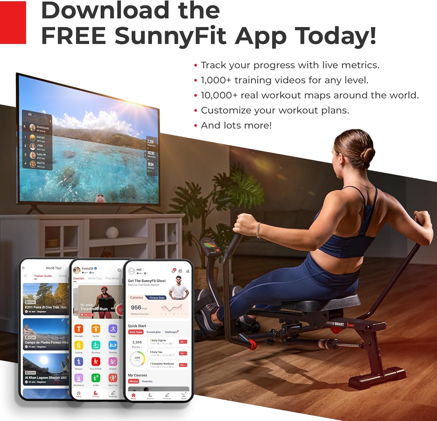Magnetic Rowing Machine for Home Exercise, Quiet & Smooth Rower with Compact Storage and Optional Free Sunnyfit App Connectivity