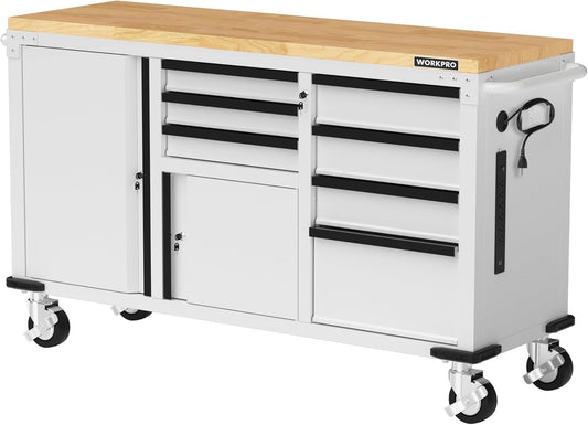 62" X 20" 7-Drawer & 2-Door Rolling Tool Chest, Mobile Tool Storage Cabinet with Power Strip, Locking System, Heavy Duty Rolling Cabinet for Garage, Warehouse & Kitchen, 1000 Lbs Capacity