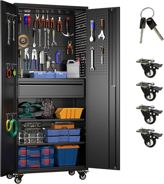 Metal Storage Cabinet with Wheels, Steel Storage Cabinet with 1 Drawer and 2 Adjustable Shelves for Homes, Offices, Kitchens, Schools and Pantries