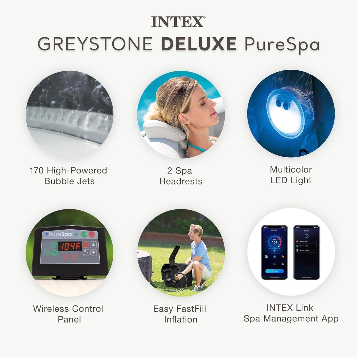 28451EP Purespa Greystone Deluxe Spa Set: Includes Energy Efficient Spa Cover and Wireless Control Panel – Spa Control App – Built-In Fastfill Inflation System – 6 Person Capacity – 77" X 28"