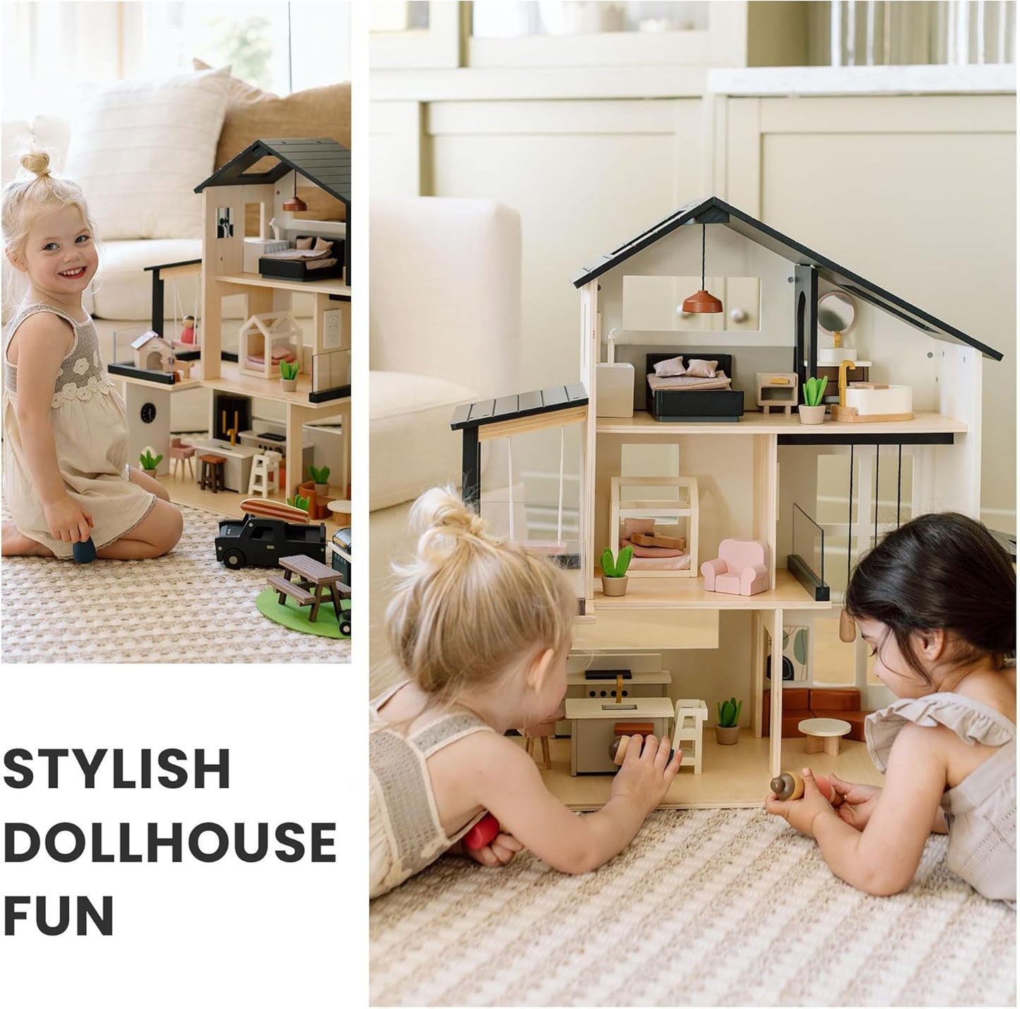 Doll House, Modern Family Dollhouse with Realistic Design, Wooden Dollhouse with 53Pcs Furniture - Ideal Gift for Kids Ages 3+