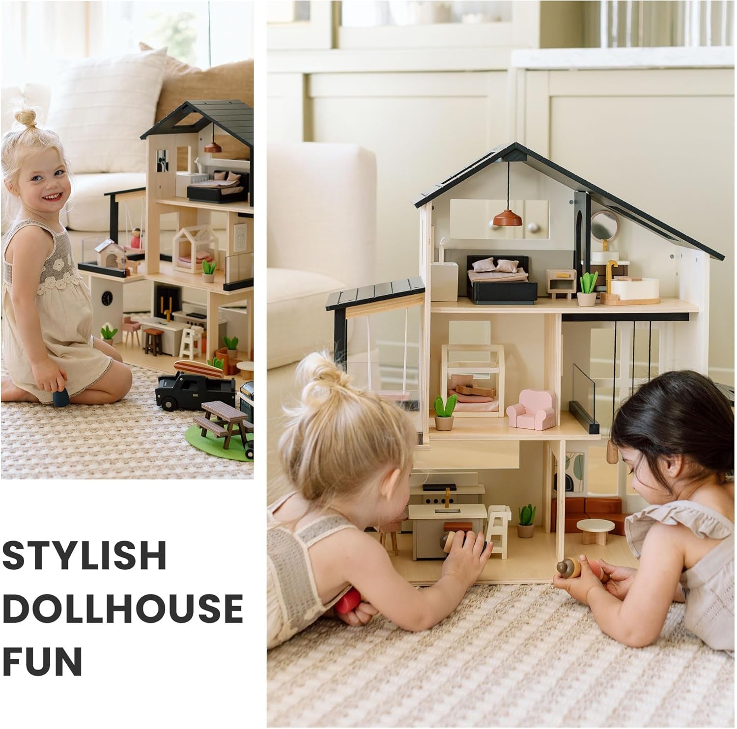 Doll House, Modern Family Dollhouse with Realistic Design, Wooden Dollhouse with 53Pcs Furniture - Ideal Gift for Kids Ages 3+