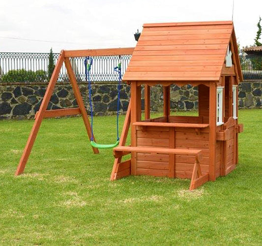 Swing N' Play Wooden Outdoor Backyard Playhouse with Swing, Picnic Bench and Flower Boxes, Brown