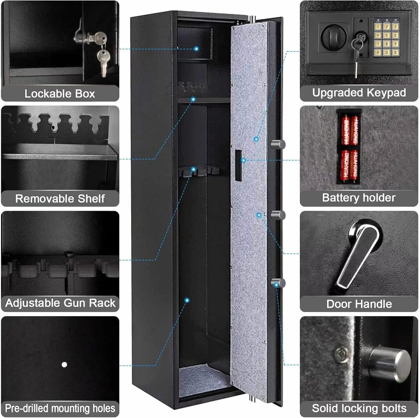Large Rifle Safe, Long Gun Safe for Rifle Shotgun for Home, Quick Access 5-6 Gun Storage Cabinet with a Handgun Lock Box and a Removable Shelf, Silent Mode(Pin Code Version)