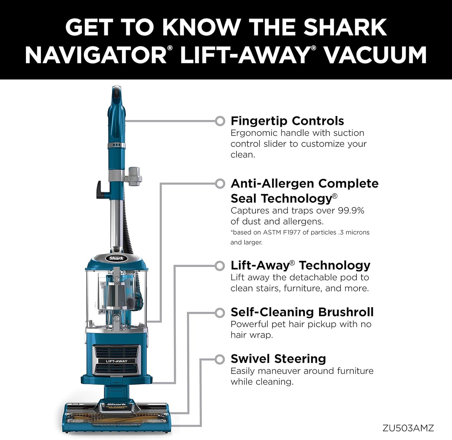 Upright Vacuum, Navigator Lift-Away with Self-Cleaning Brushroll, HEPA Filter, Swivel Steering, Upholstery Tool & Pet Crevice Tool, Perfect for Pets & Multi-Surface, Teal, ZU503AMZ