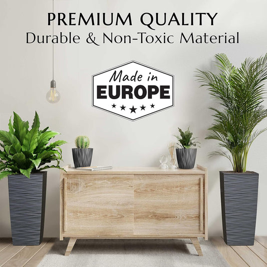 M-Resin Heavy Duty Tall Planters for Outdoor Plants, Indoor Grande Plant Pots, Boxes, Trees, Flower Pots, 2-Piece Set, 27.5”, Modern Design, Built-In Drainage, Front Porch Decor, Dark Grey